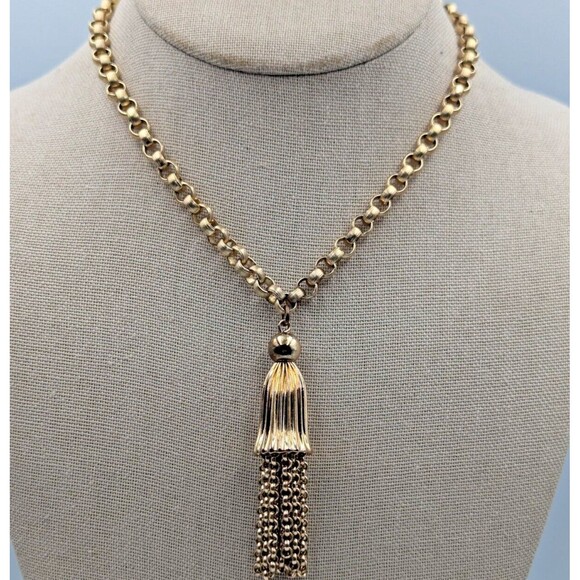 Vintage 1940s Trifari Gold Tone Collar Chain Necklace With Tassel 16" - Picture 5 of 15